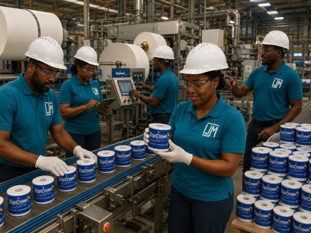 L.J. Michael manufacturing team producing ZapCrown paper products on the factory floor