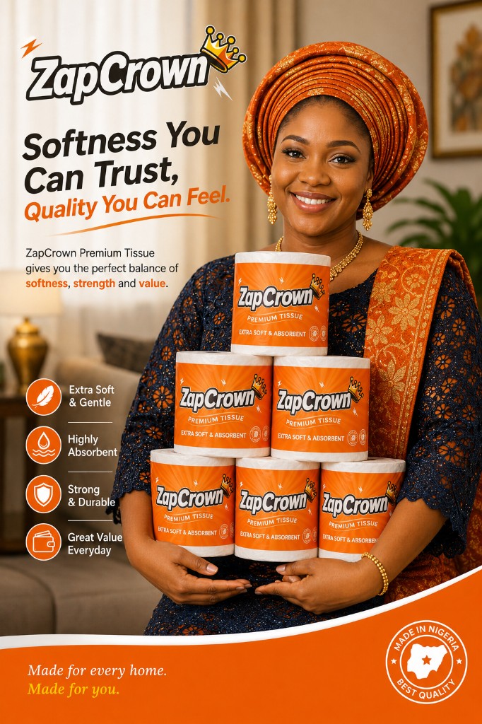 Orange ZapCrown Premium Tissue poster highlighting soft, absorbent rolls for Nigerian homes